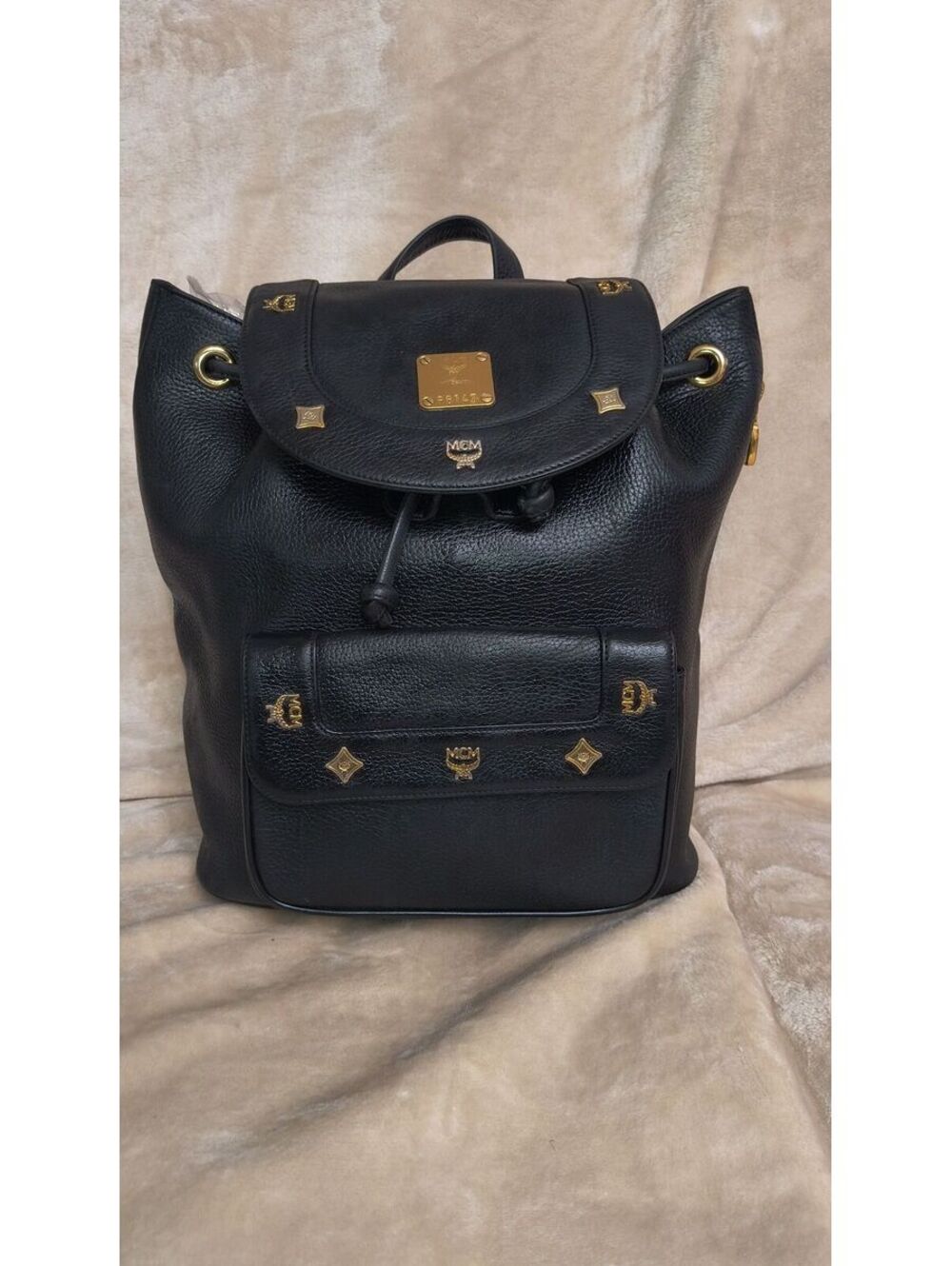 L23. Vintage MCM Black Leather Studded Logo Backpack
